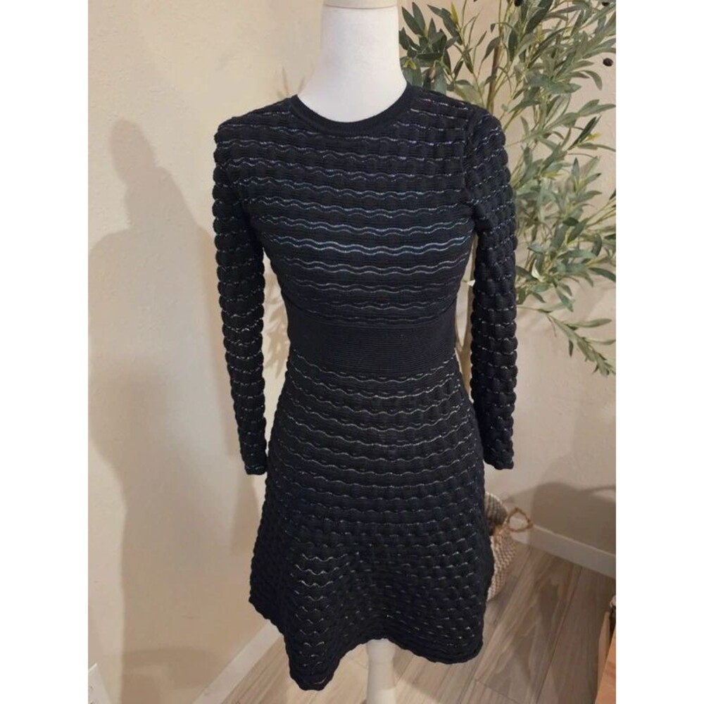 Kate Spade NY Black Metallic Knit Fit & Flare Mini Dress Long Sleeve